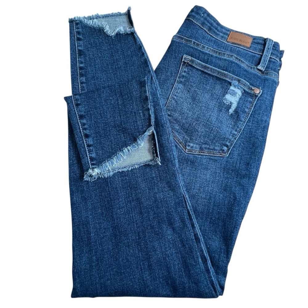 Judy Blue Womens 32 Skinny Fit Dark Wash High Rise‎ Distressed Jeans Fringe Hem
